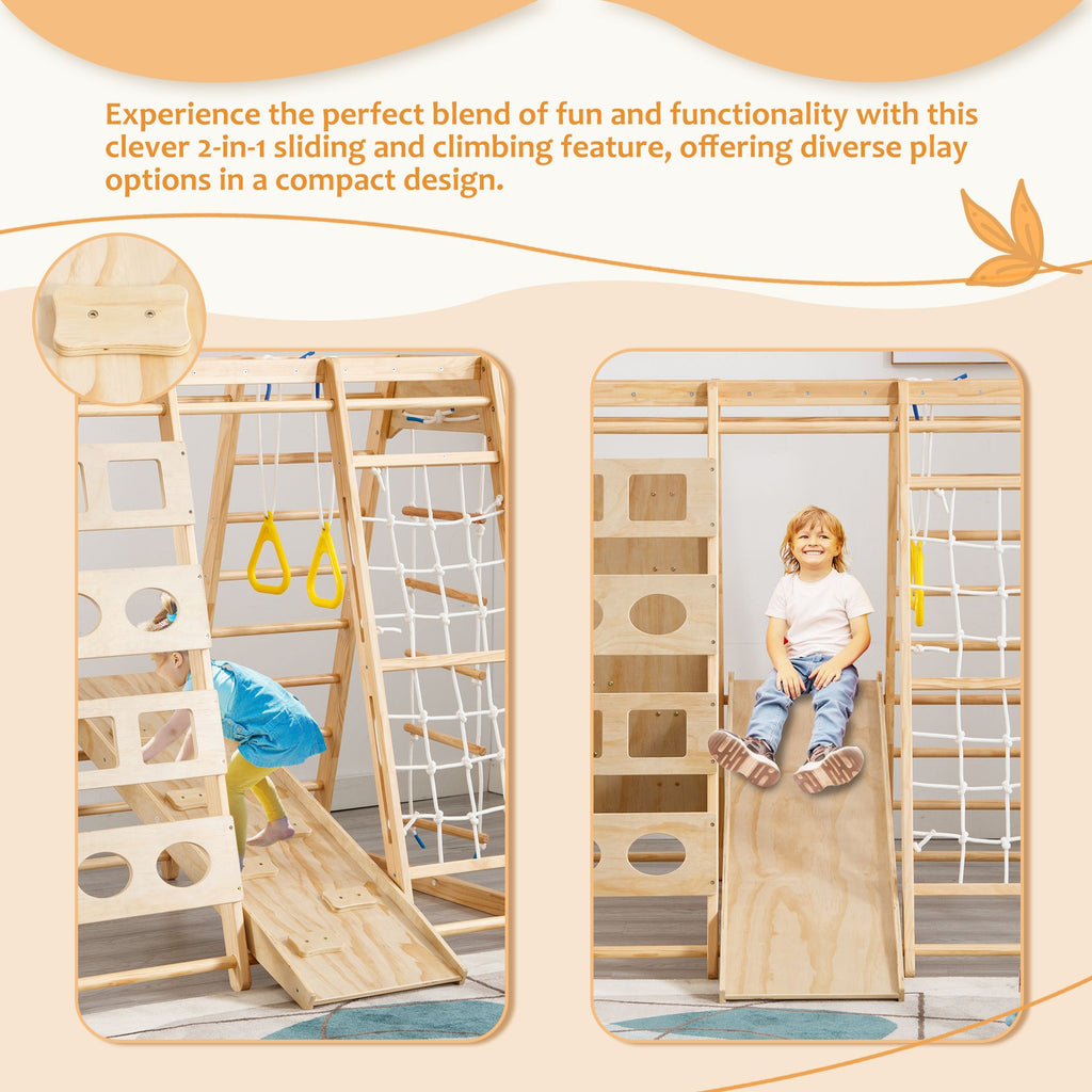 Yeah Depot - Toddler Indoor Wooden Gym 8 in 1 Indoor Playground Climbing Toy Set with Slide Swing Climbing Net Rings, Kids Indoor Playground Climbing Toys