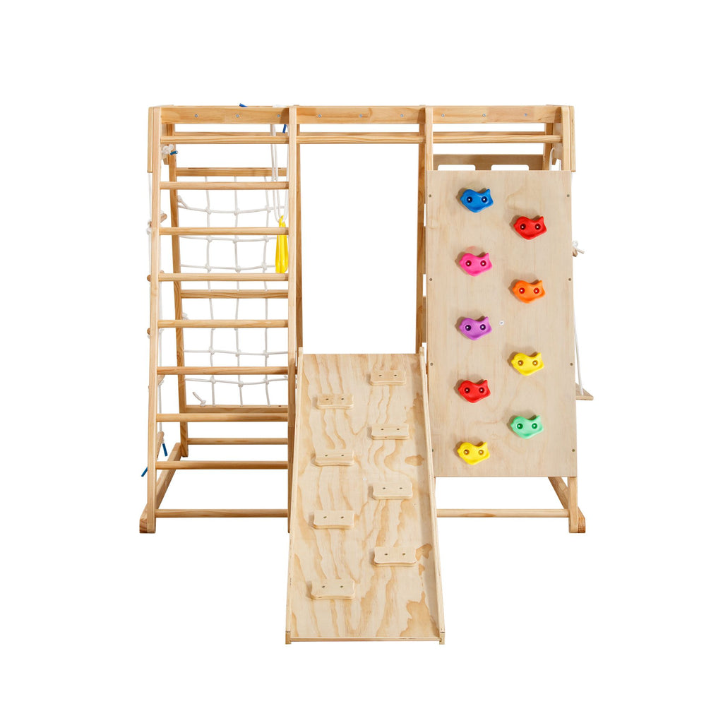 Yeah Depot - Toddler Indoor Wooden Gym 8 in 1 Indoor Playground Climbing Toy Set with Slide Swing Climbing Net Rings, Kids Indoor Playground Climbing Toys