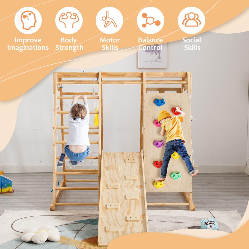 Yeah Depot - Toddler Indoor Wooden Gym 8 in 1 Indoor Playground Climbing Toy Set with Slide Swing Climbing Net Rings, Kids Indoor Playground Climbing Toys
