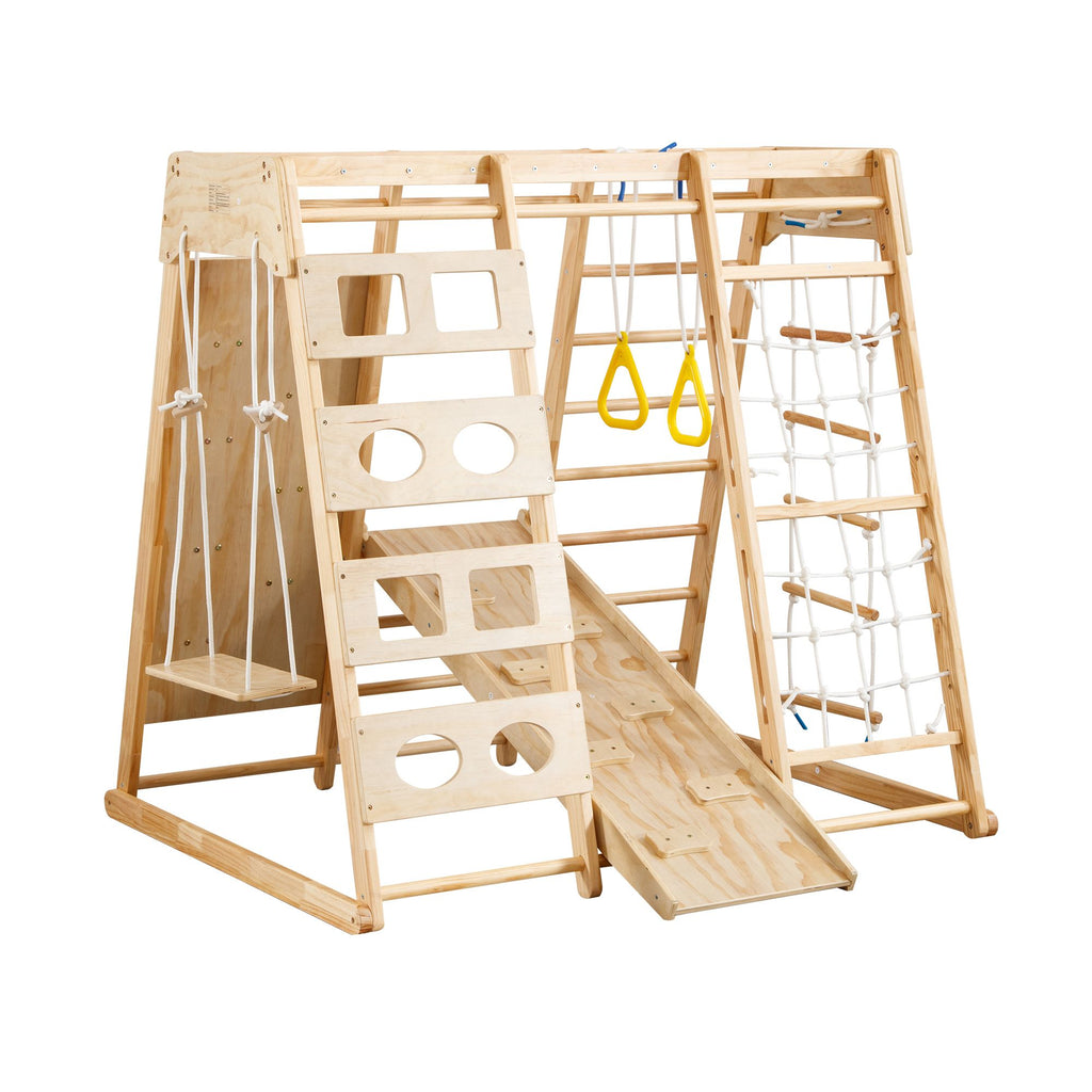 Yeah Depot - Toddler Indoor Wooden Gym 8 in 1 Indoor Playground Climbing Toy Set with Slide Swing Climbing Net Rings, Kids Indoor Playground Climbing Toys
