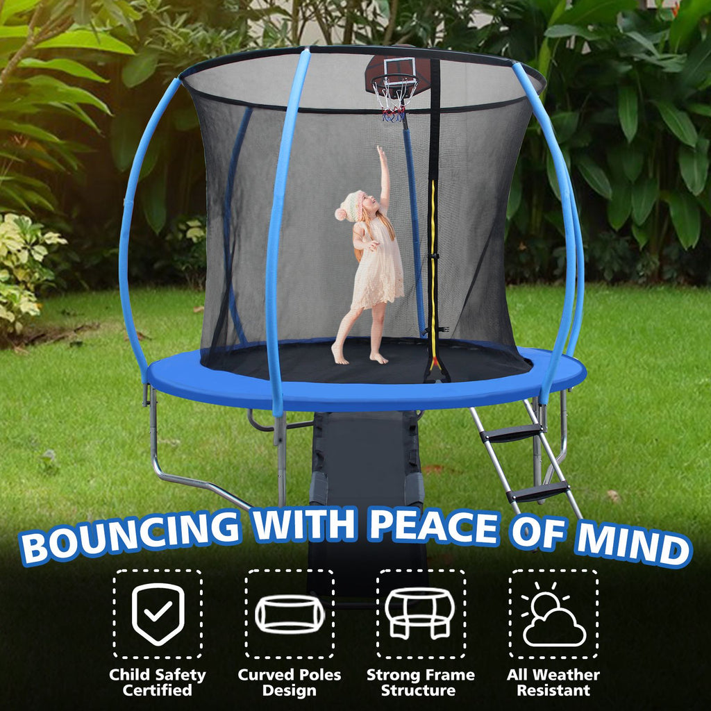 Yeah Depot - 10FT Trampoline with Enclosure - Recreational Trampolines with Ladder and Anti Rust Coating, Pumpkin-shaped Trampoline with Slide and Basket Board, ASTM Approval Outdoor Trampoline for Kids