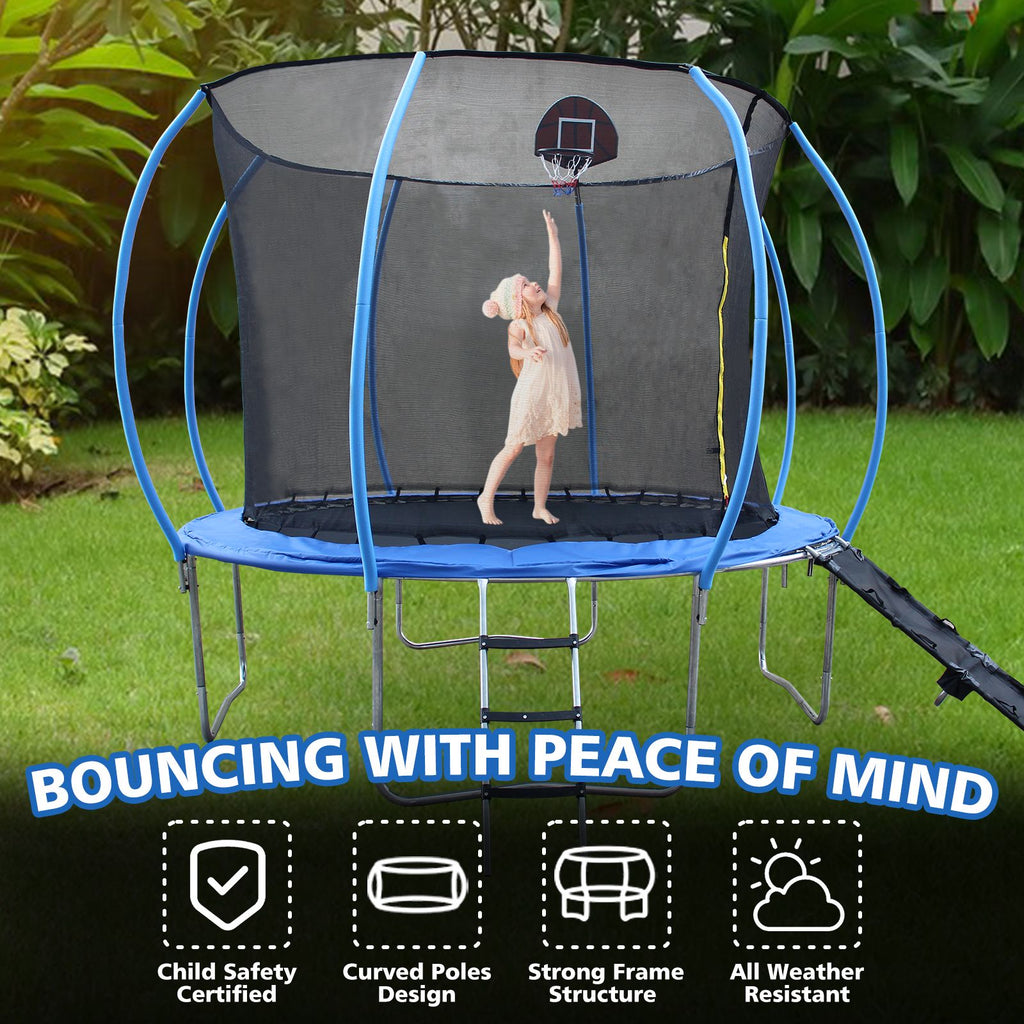 Yeah Depot - 8FT Trampoline with Enclosure - Recreational Trampolines with Ladder and Anti Rust Coating, Pumpkin-shaped Trampoline with Slide and Basket Board, ASTM Approval Outdoor Trampoline for Kids