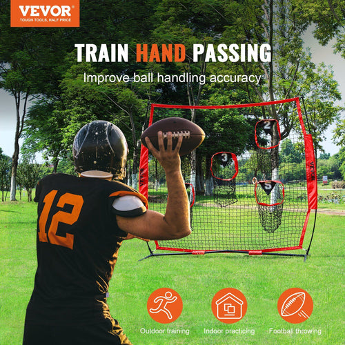 VEVOR 6 x 6 ft Football Trainer Throwing Net, Training Throwing Target Practice Net with 5 Target Pockets, Knotless Net Includes Bow Frame and Portable Carry Case, Improve QB Throwing Accuracy, Red