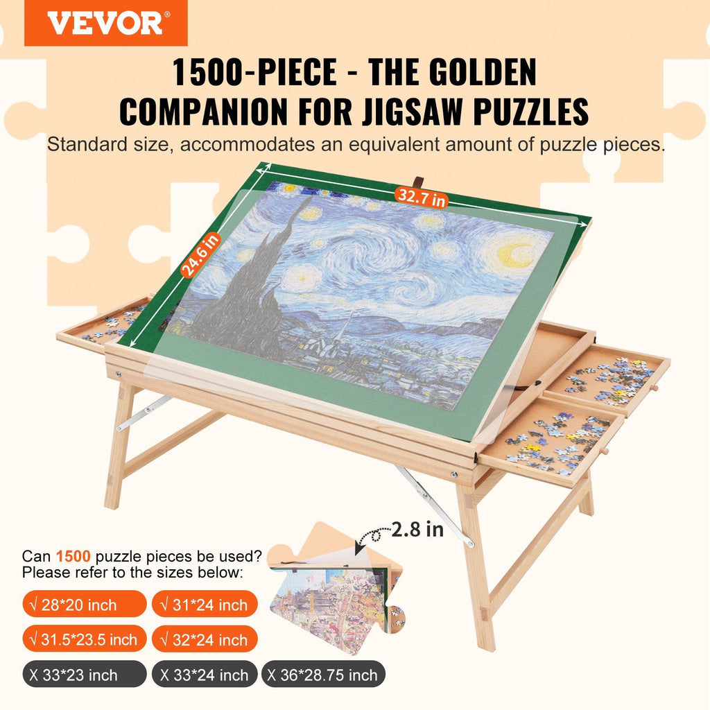 VEVOR 1500 Piece Puzzle Table with Folding Legs, 4 Drawers and Cover, 32.7''x24.6'' Wooden Jigsaw Puzzle Plateau, Adjustable 3-Tilting-Angle Puzzle Board, Puzzle Storage System for Adults, Gift for Mom