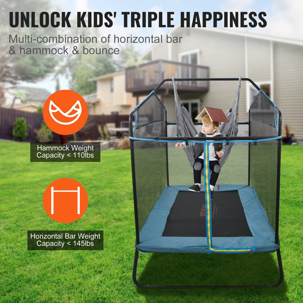 VEVOR 6FT Trampoline for Kids, 72'' Indoor/Outdoor Toddlers Trampoline, Mini Baby Trampoline with Safety Enclosure Net, Gymnastics Bar, Hammock, Recreational Trampoline Birthday Gift for 3+ Years Kids