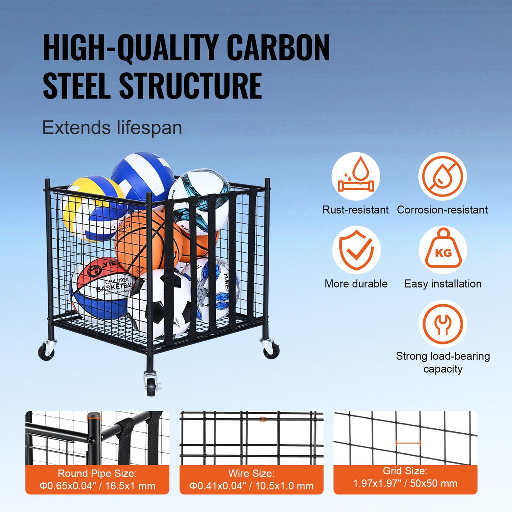 VEVOR Rolling Sports Ball Storage Cart, Lockable Basketball Cage with Elastic Straps, Sport Equipment Holder Organizer for Indoor Outdoor, Steel Storage Rack for Garages, Playgroup, Gym and Schools