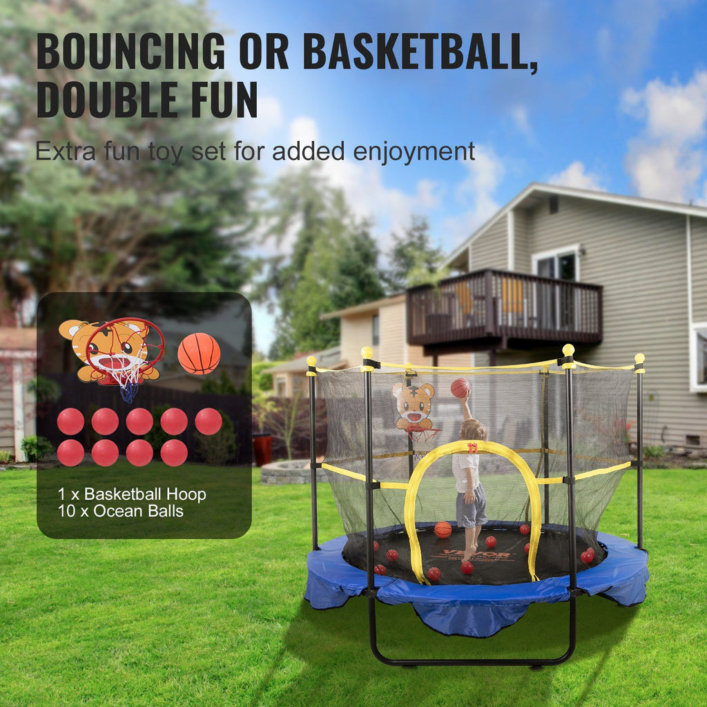 VEVOR 5FT Trampoline for Kids, 60'' Indoor Outdoor Trampoline with Safety Enclosure Net, Basketball Hoop and Ocean Balls, Mini Toddler Recreational Trampoline Birthday Gifts for 3+ Years Kids