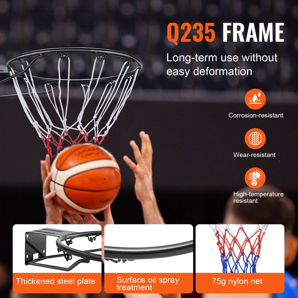 VEVOR Basketball Rim, Wall Door Mounted Basketball Hoop, Heavy Duty Q235 Basketball Flex Rim Goal Replacement with Net and Double Spring, Standard 18'' Indoor Outdoor Hanging Hoop for Kids Adults