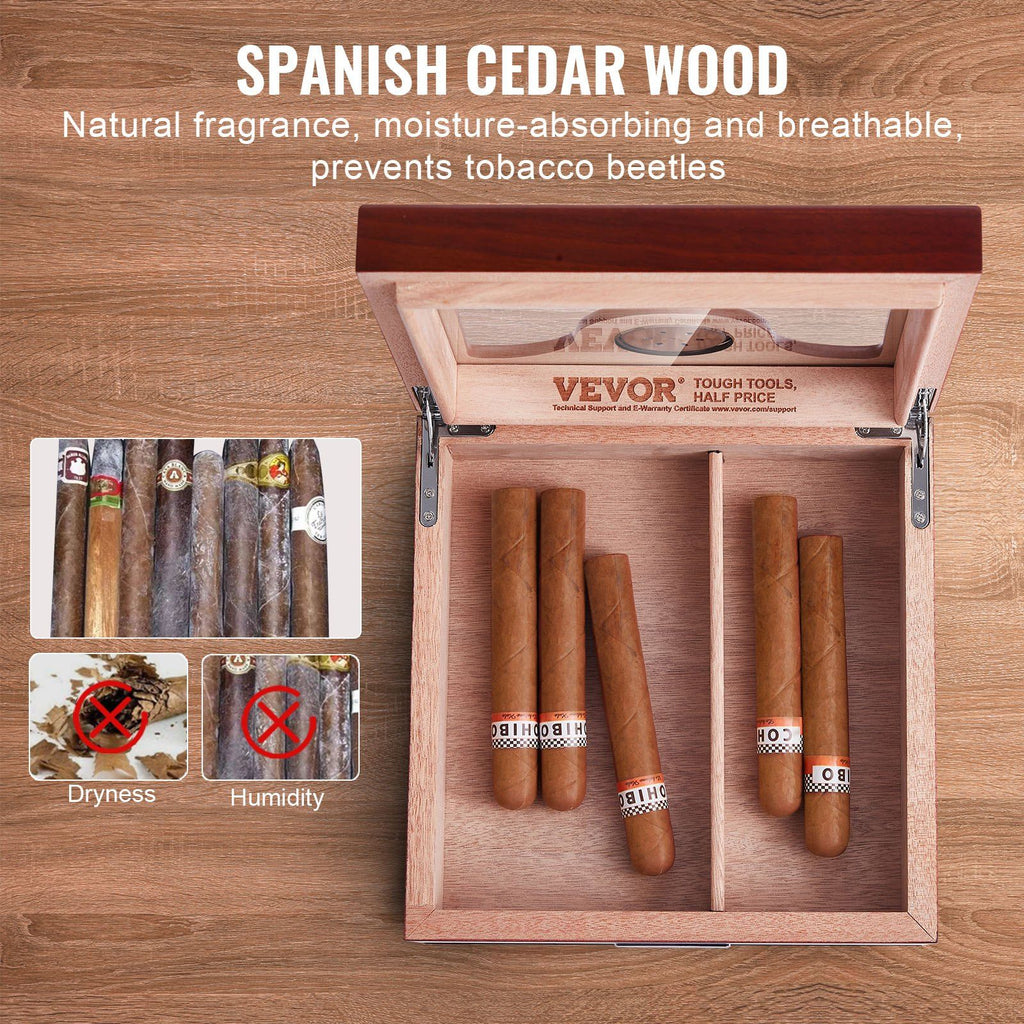 VEVOR 35 Cigar Humidor Glasstop Cedar Cigar Box Humidifier & Hygrometer & Drawer