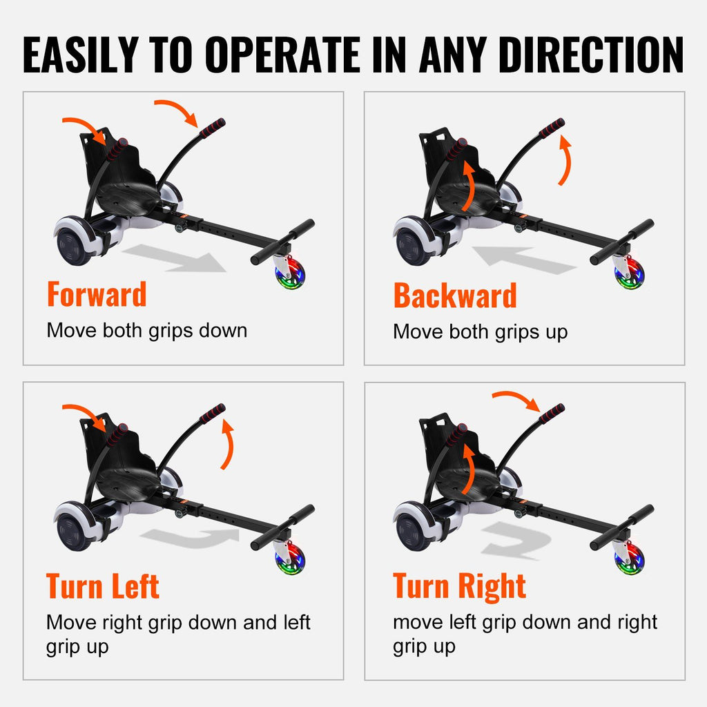 VEVOR Hoverboard Seat Attachment, for 6.5'' 8'' 8.5'' 10'' Hoverboards, with LED Lights, Grips Control, Adjustable Frame Length and 220 LBS Load Capacity, Hover Board Go Karts Accessory, for Kids Adults