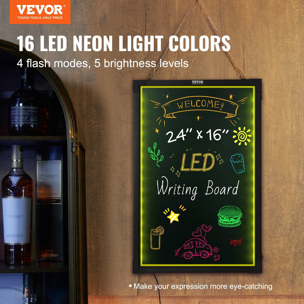 VEVOR LED Message Writing Board, 24''x16'' Illuminated Erasable Lighted Chalkboard, Neon Effect Menu Sign Board, Drawing Board with 8 Fluorescent Chalk Markers and Remote Tested to UL Standards