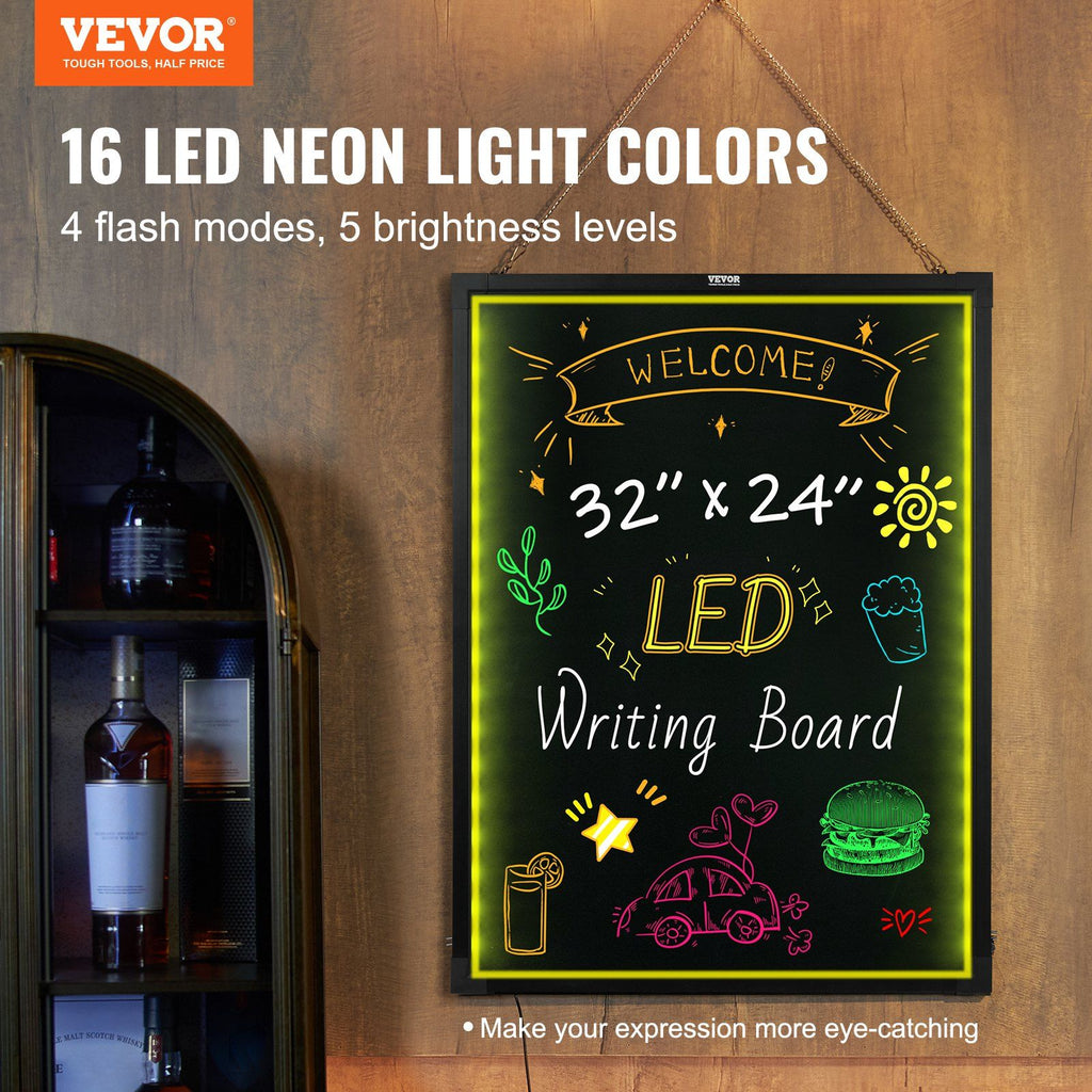 VEVOR LED Message Writing Board, 32''x24'' Illuminated Erasable Lighted Chalkboard, Neon Effect Menu Sign Board, Drawing Board with 8 Fluorescent Chalk Markers and Remote Contro Tested toStandards