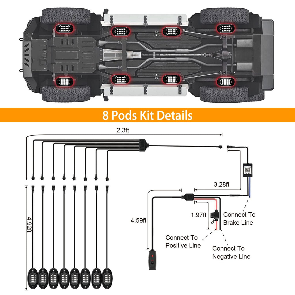 Eggracks by Global Phoenix - 8 Pods RGB LED Rock Lights DC12V Car Neon Light Kit IP68 Waterproof Underglow Lights with Double Remote Controls Wireless APP Control for Jeep Truck UTV SUV