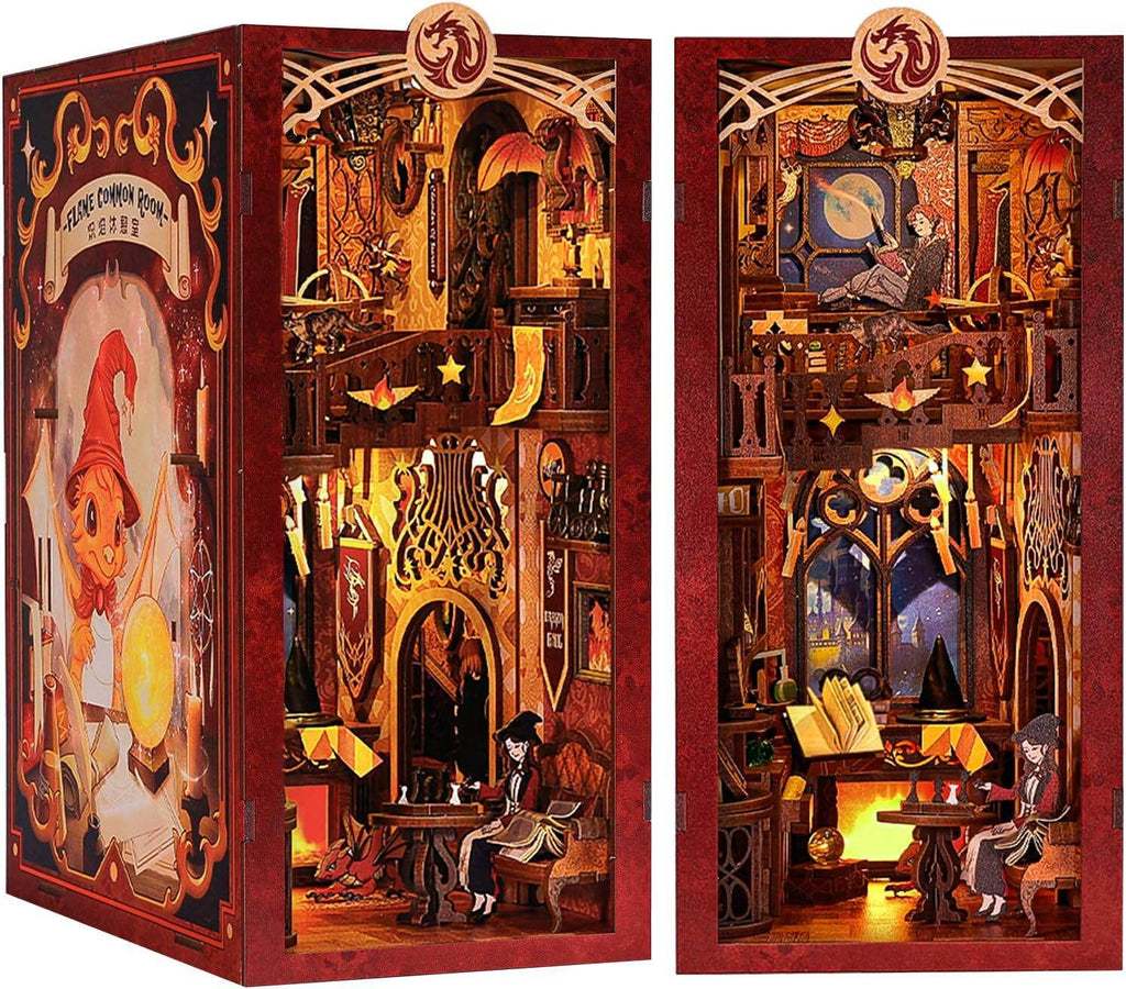 zhima - CUTEBEE DIY Book Nook Kit for Adults and Teens, DIY Wooden Miniature Magic House Dollhouse Kit Bookshelf Booknook Bookcase Model Build Gift Kit Decor Alley with LED Light (Flame Common Room)