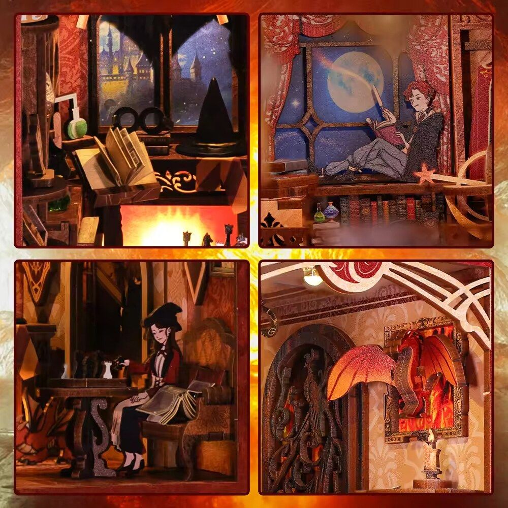 zhima - CUTEBEE DIY Book Nook Kit for Adults and Teens, DIY Wooden Miniature Magic House Dollhouse Kit Bookshelf Booknook Bookcase Model Build Gift Kit Decor Alley with LED Light (Flame Common Room)