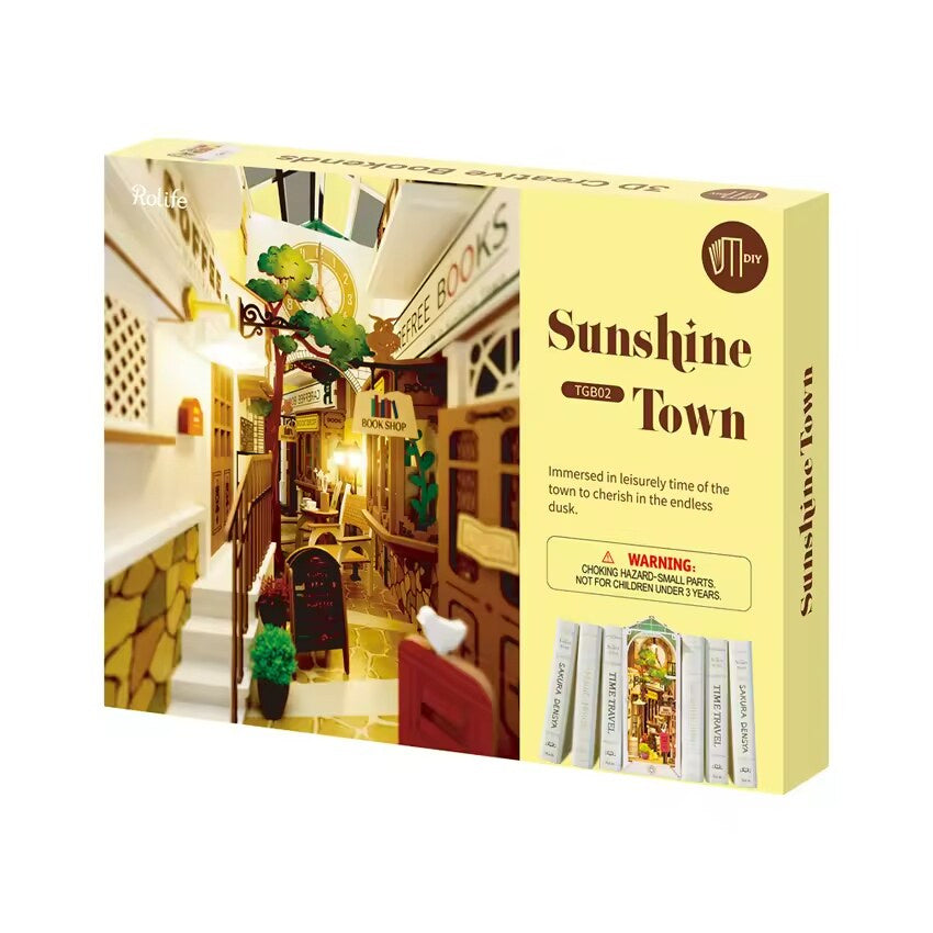 zhima - Rolife DIY Book Nook Kit Sunshine Town, DIY Miniature Booknook Kit Creative Decorative Bookend Bookshelf Insert 3D Puzzles for Adults, Halloween/Christmas Decorations/Gifts for Adults (Sunshine Town)