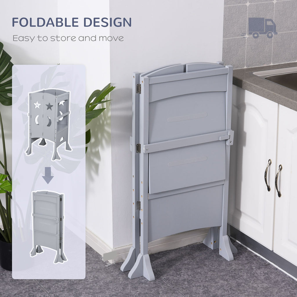 Orien Home - Wooden Kitchen Step Stool for Kids, Foldable Toddler Tower, Helper Stool for Kitchen Counter with Support Handles Safety Rail, Gray