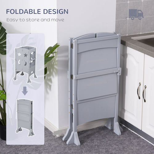 Orien Home - Wooden Kitchen Step Stool for Kids, Foldable Toddler Tower, Helper Stool for Kitchen Counter with Support Handles Safety Rail, Gray