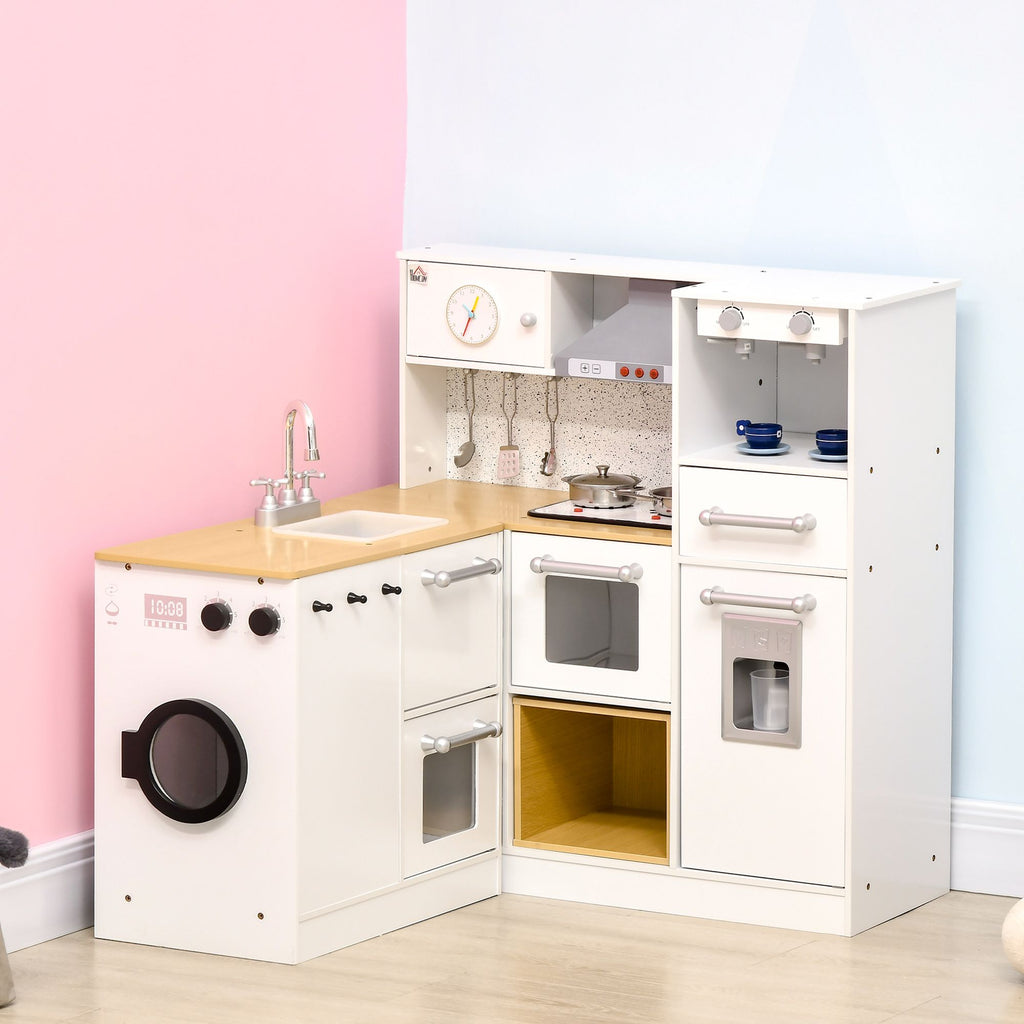 Orien Home - Kids Wooden Kitchen Playset with Sound Effects and Tons of Countertop Space, Wooden Corner Play Kitchen Set with Washing Machine, Imaginative Toy Pretend Restaurant, Ages 3-6, White