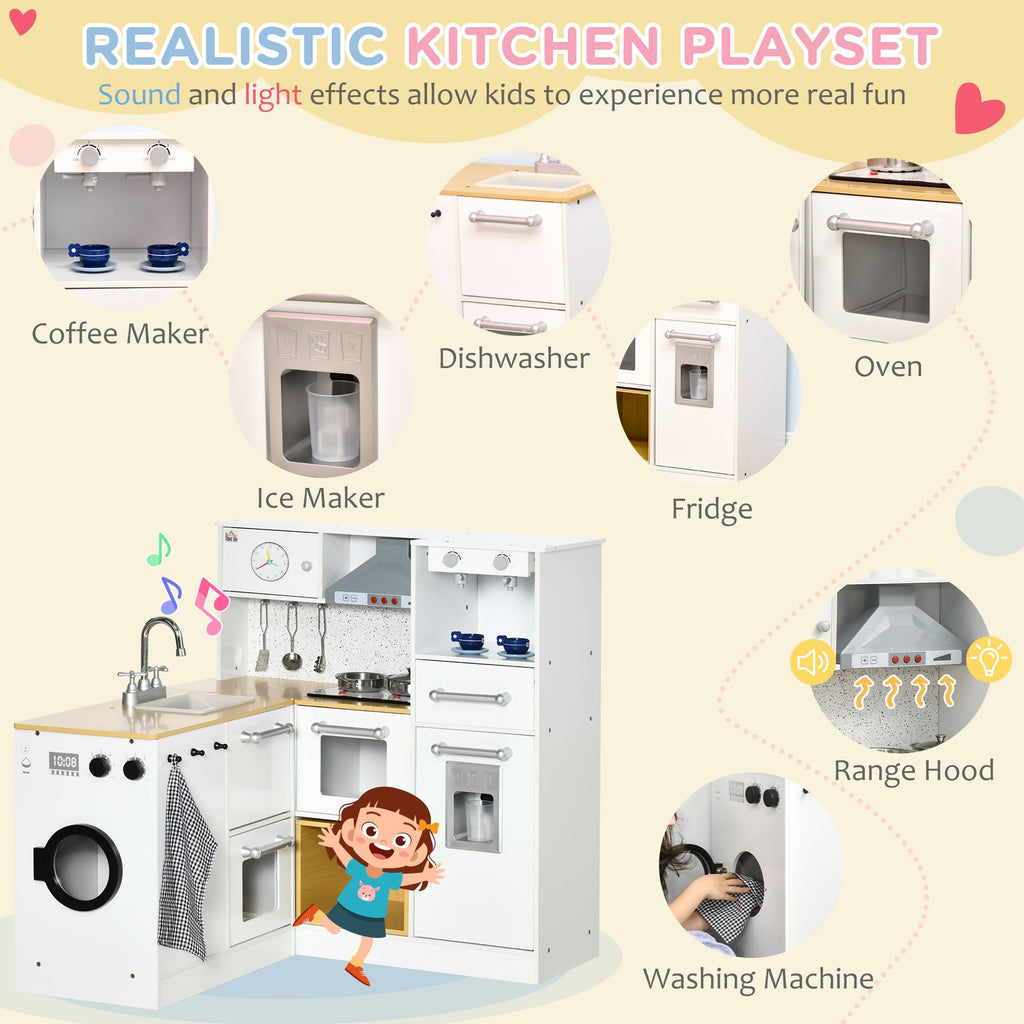 Orien Home - Kids Wooden Kitchen Playset with Sound Effects and Tons of Countertop Space, Wooden Corner Play Kitchen Set with Washing Machine, Imaginative Toy Pretend Restaurant, Ages 3-6, White