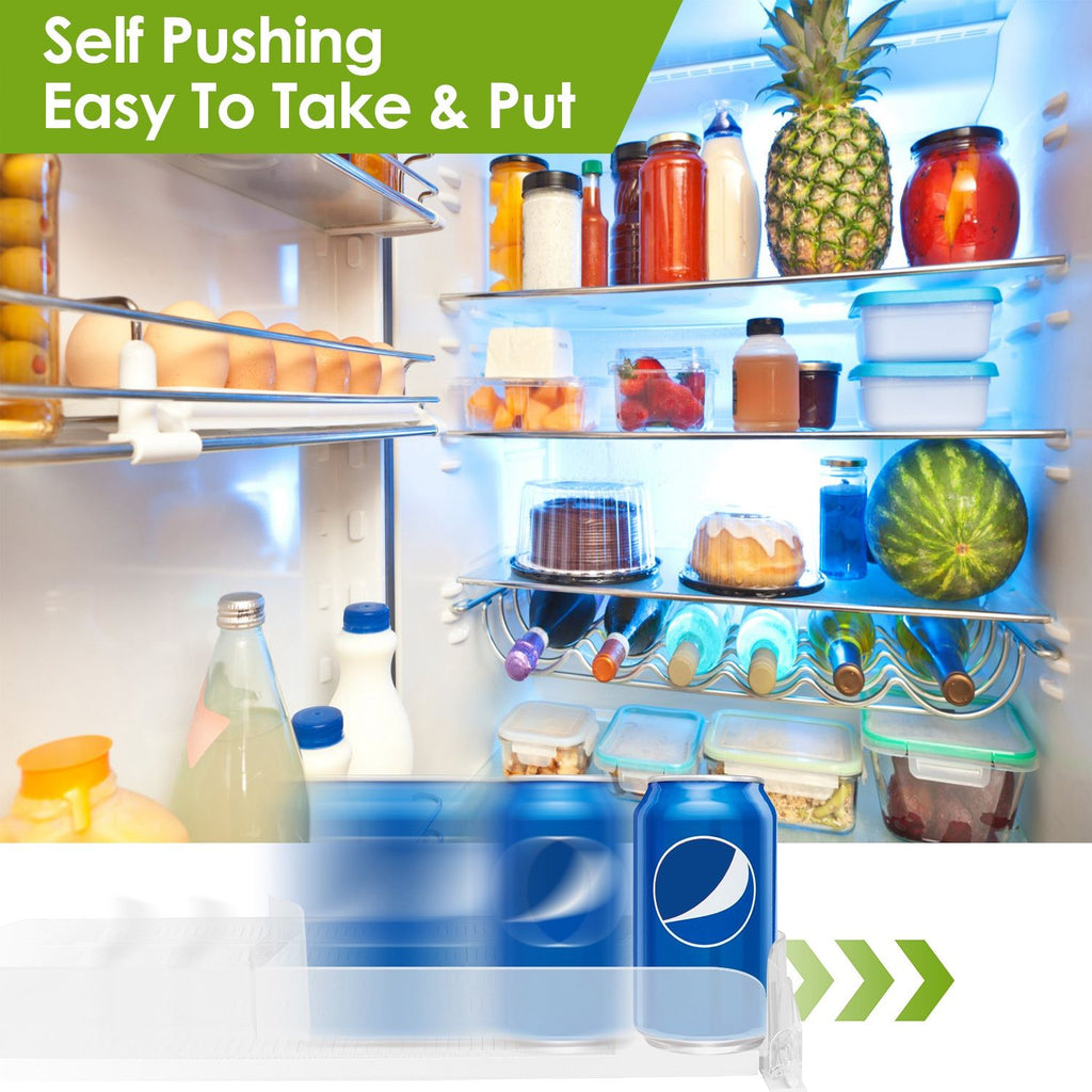 Eggracks by Global Phoenix - Drink Organizer for Fridge Spring Loaded Beverage Dispenser Width Adjustable Drink Holder with Automatic Pusher Glide 5 Rows Hold up to 25 Cans Bottles