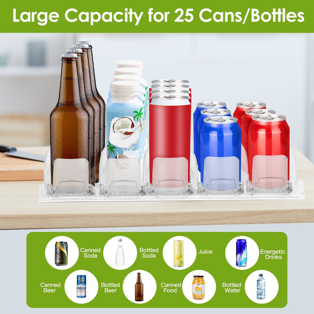 Eggracks by Global Phoenix - Drink Organizer for Fridge Spring Loaded Beverage Dispenser Width Adjustable Drink Holder with Automatic Pusher Glide 5 Rows Hold up to 25 Cans Bottles