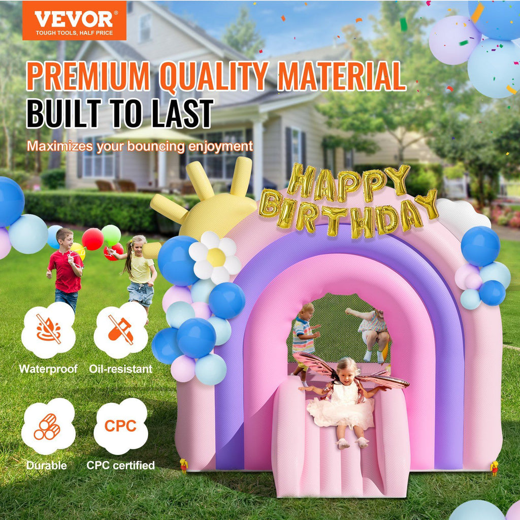 VEVOR Inflatable Bounce House, Indoor Outdoor Playhouse Trampoline, Kid Jumping Bouncer with Blower, Slide, Storage Bag, Family Backyard Bouncy Castle, for Girls Boys Ages 3â€“8 Years, 110x91x91 inch