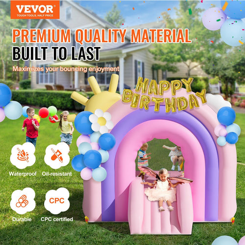VEVOR Inflatable Bounce House, Indoor Outdoor Playhouse Trampoline, Kid Jumping Bouncer with Blower, Slide, Storage Bag, Family Backyard Bouncy Castle, for Girls Boys Ages 3â€“8 Years, 110x91x91 inch
