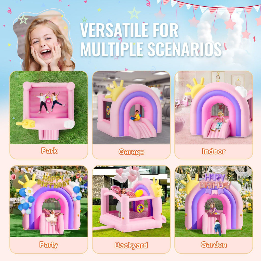 VEVOR Inflatable Bounce House, Indoor Outdoor Playhouse Trampoline, Kid Jumping Bouncer with Blower, Slide, Storage Bag, Family Backyard Bouncy Castle, for Girls Boys Ages 3â€“8 Years, 110x91x91 inch