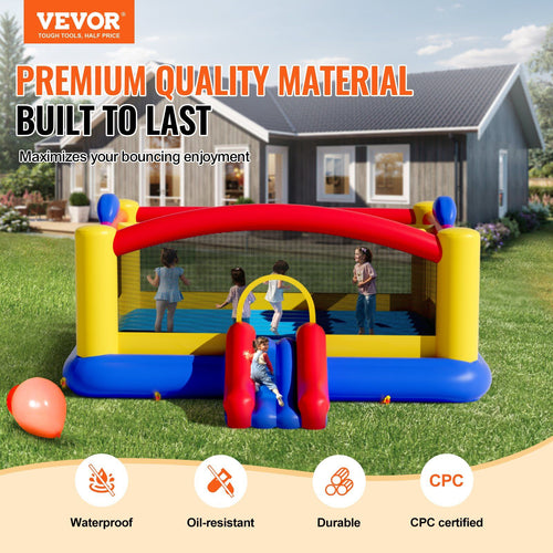 VEVOR Inflatable Bounce House, Outdoor High Quality Playhouse Trampoline, Jumping Bouncer with Blower, Slide, and Storage Bag, Family Backyard Bouncy Castle, for Kid Ages 3â€“10 Years, 177x173x80 inch