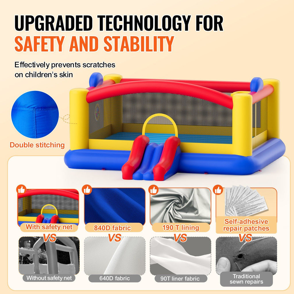 VEVOR Inflatable Bounce House, Outdoor High Quality Playhouse Trampoline, Jumping Bouncer with Blower, Slide, and Storage Bag, Family Backyard Bouncy Castle, for Kid Ages 3â€“10 Years, 177x173x80 inch