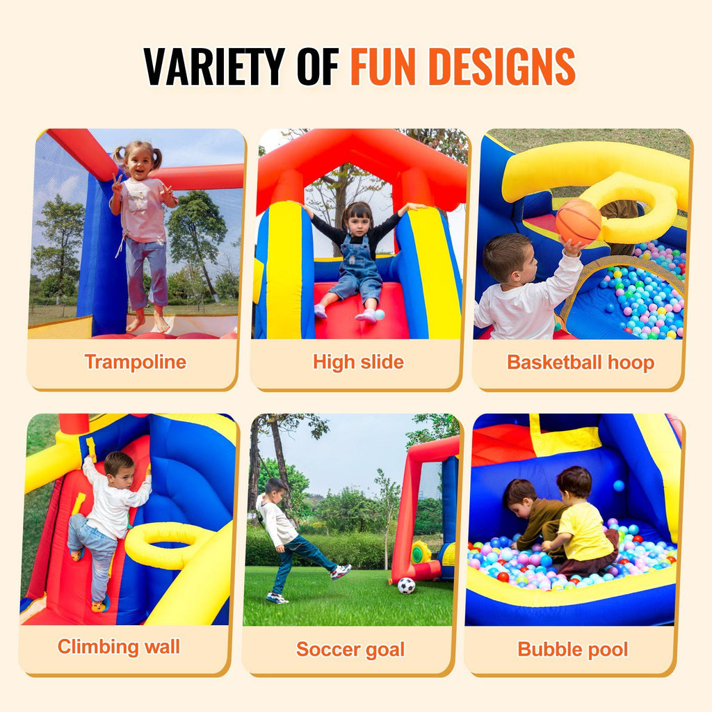 VEVOR Inflatable Bounce House, Outdoor High Quality Playhouse Trampoline, Jumping Bouncer with Blower, Slide, and Storage Bag, Family Backyard Bouncy Castle, for Kid Ages 3â€“8 Years, 131x133x91 inch