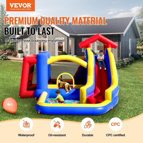 VEVOR Inflatable Bounce House, Outdoor High Quality Playhouse Trampoline, Jumping Bouncer with Blower, Slide, and Storage Bag, Family Backyard Bouncy Castle, for Kid Ages 3â€“8 Years, 131x133x91 inch