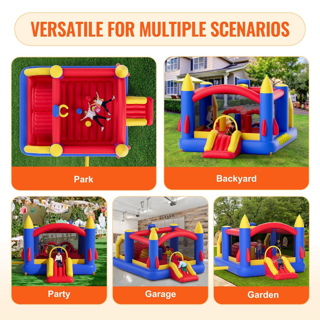 VEVOR Inflatable Bounce House, Outdoor High Quality Playhouse Trampoline, Jumping Bouncer with Blower, Slide, and Storage Bag, Family Backyard Bouncy Castle, for Kid Ages 3â€“8 Years, 160x94x96 inch