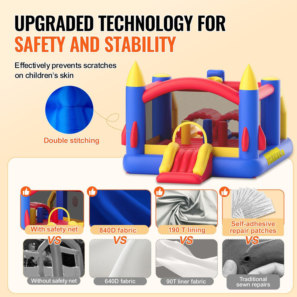 VEVOR Inflatable Bounce House, Outdoor High Quality Playhouse Trampoline, Jumping Bouncer with Blower, Slide, and Storage Bag, Family Backyard Bouncy Castle, for Kid Ages 3â€“8 Years, 160x94x96 inch