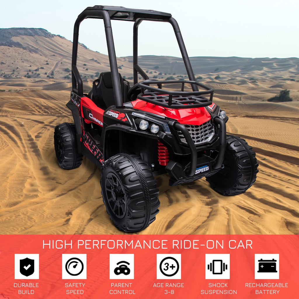 Yeah Depot - 12V Dual Motor Kids Electric Ride-on UTV Toy, Batter Powered Truck with Forward and Reverse Function, Headlights, MP3/USB Music Connection, Suspension, & Remote Control, Red