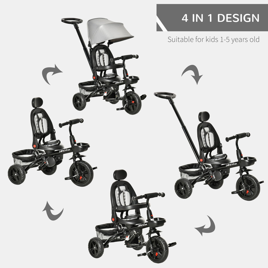 Yeah Depot - Baby Tricycle 4 In 1 Trike w/ Reversible Angle Adjustable Seat Removable Handle Canopy Handrail Belt Storage Footrest Brake Clutch for 1-5 Years Old Grey