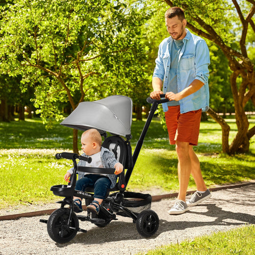 Yeah Depot - Baby Tricycle 4 In 1 Trike w/ Reversible Angle Adjustable Seat Removable Handle Canopy Handrail Belt Storage Footrest Brake Clutch for 1-5 Years Old Grey