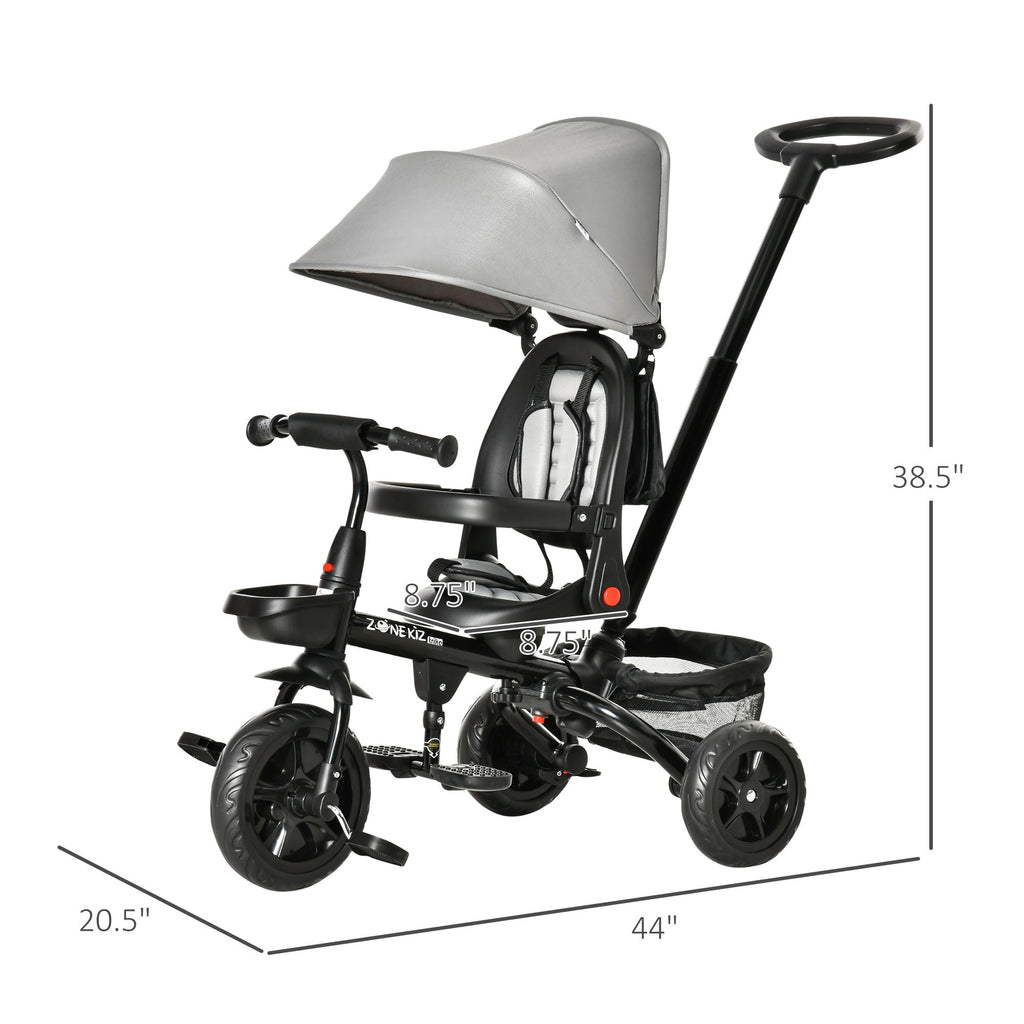 Yeah Depot - Baby Tricycle 4 In 1 Trike w/ Reversible Angle Adjustable Seat Removable Handle Canopy Handrail Belt Storage Footrest Brake Clutch for 1-5 Years Old Grey