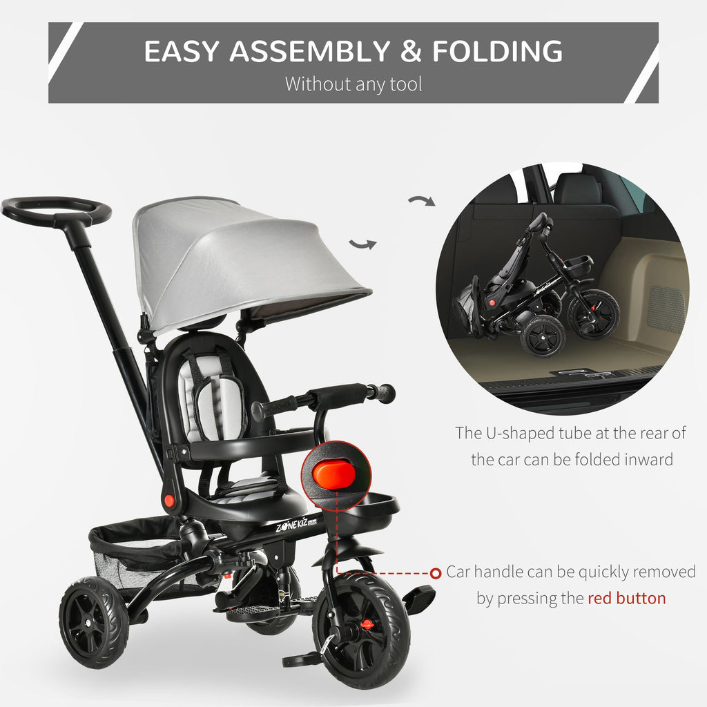 Yeah Depot - Baby Tricycle 4 In 1 Trike w/ Reversible Angle Adjustable Seat Removable Handle Canopy Handrail Belt Storage Footrest Brake Clutch for 1-5 Years Old Grey