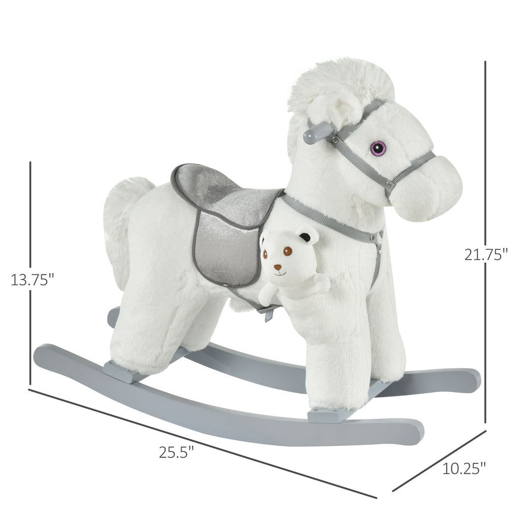 Yeah Depot - Kids Plush Ride-On Rocking Horse with Bear Toy, Children Chair with Soft Plush Toy & Fun Realistic Sounds, White