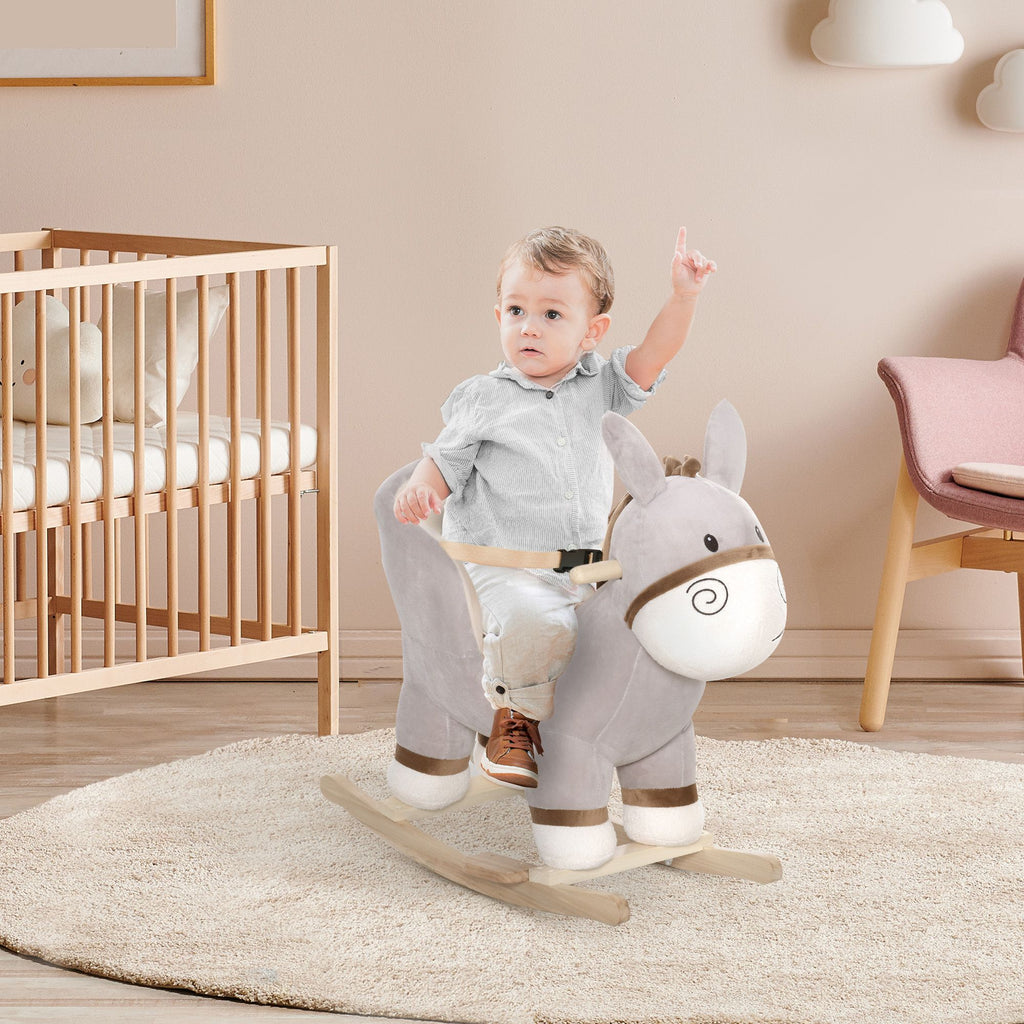Yeah Depot - Kids Rocking Chair, Plush Ride On Rocking Horse Donkey with Sound, Wood Base Seat, Safety Belt, Baby Toddler Rocker Toy for 18 - 36 Months, Gray