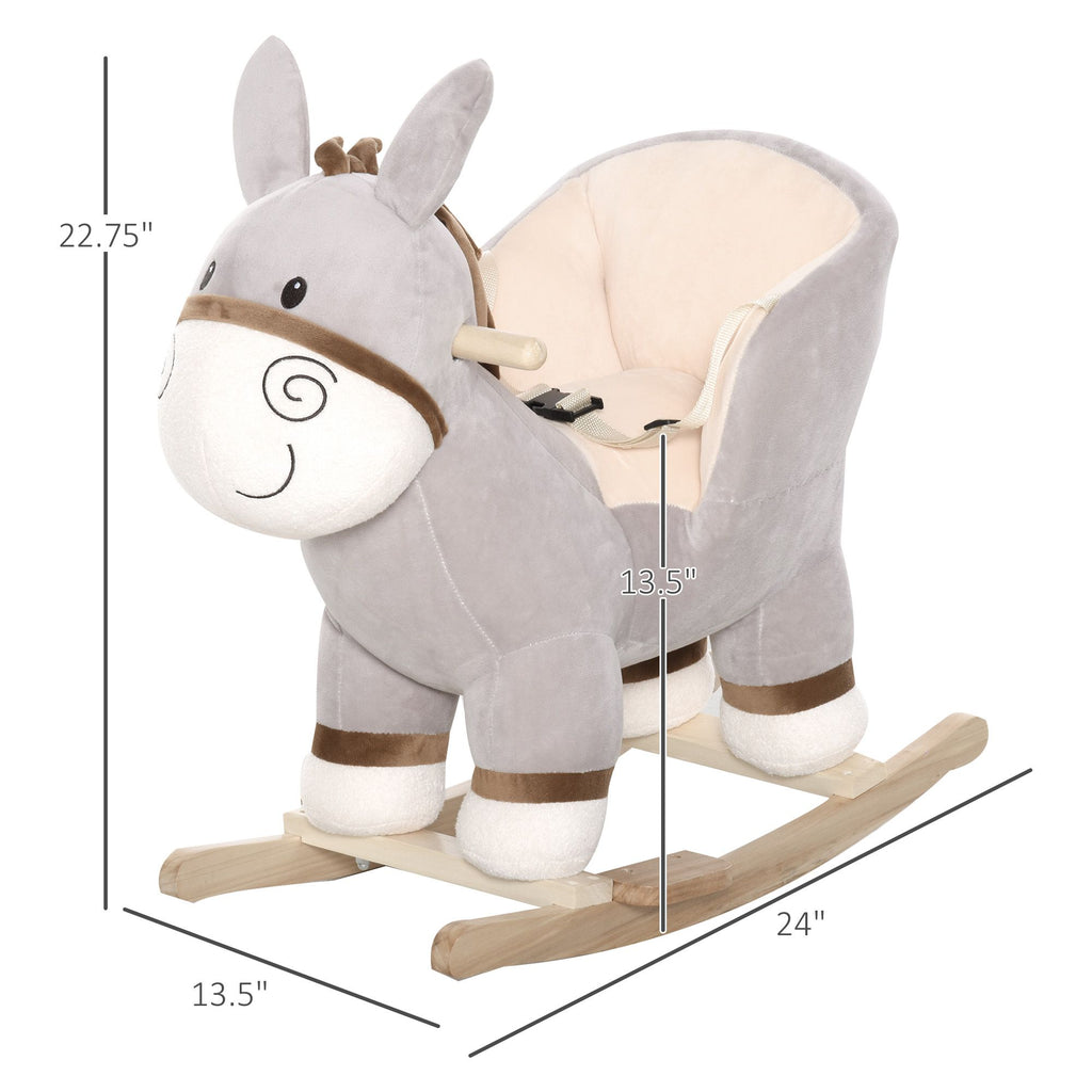 Yeah Depot - Kids Rocking Chair, Plush Ride On Rocking Horse Donkey with Sound, Wood Base Seat, Safety Belt, Baby Toddler Rocker Toy for 18 - 36 Months, Gray