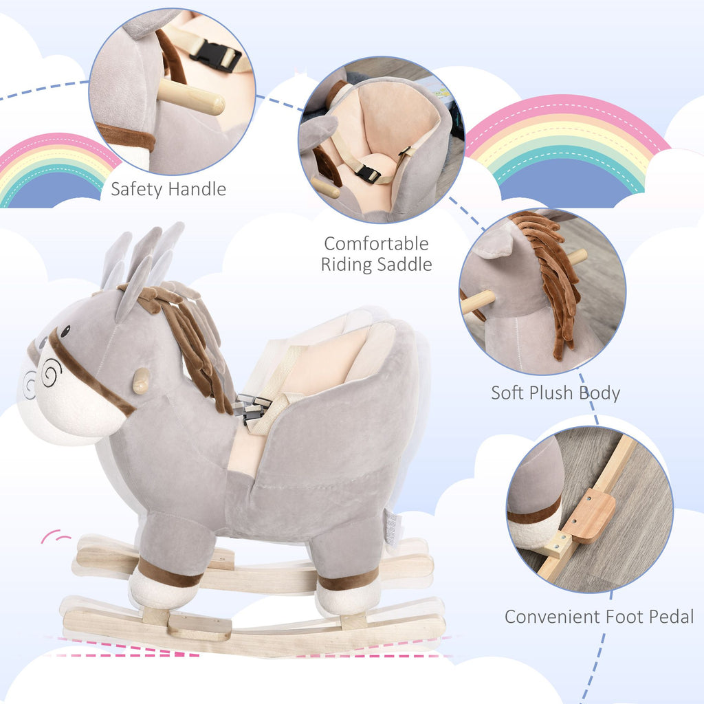 Yeah Depot - Kids Rocking Chair, Plush Ride On Rocking Horse Donkey with Sound, Wood Base Seat, Safety Belt, Baby Toddler Rocker Toy for 18 - 36 Months, Gray