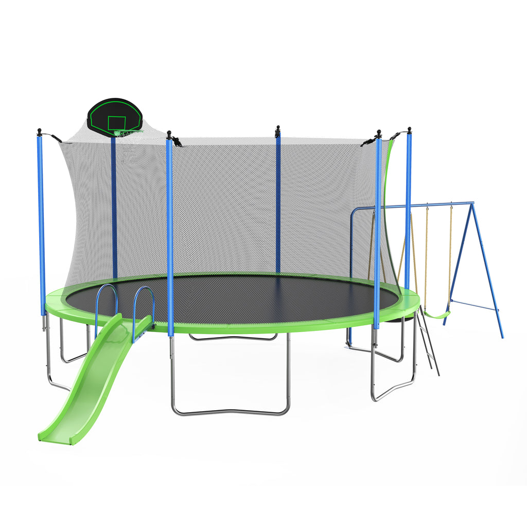 Yeah Depot - 12FT Trampoline with Slide and Swings, ASTM Approved Large Recreational Trampoline with Basketball Hoop and Ladder,Outdoor Backyard Trampoline with Net, Capacity for Kids and Adults