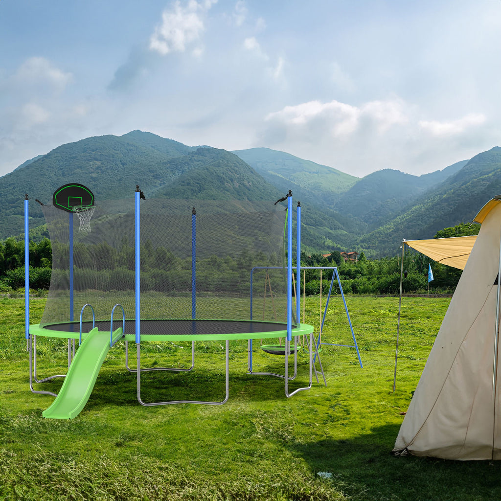 Yeah Depot - 12FT Trampoline with Slide and Swings, ASTM Approved Large Recreational Trampoline with Basketball Hoop and Ladder,Outdoor Backyard Trampoline with Net, Capacity for Kids and Adults