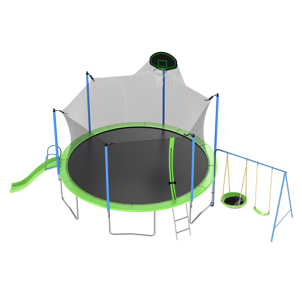 Yeah Depot - 12FT Trampoline with Slide and Swings, ASTM Approved Large Recreational Trampoline with Basketball Hoop and Ladder,Outdoor Backyard Trampoline with Net, Capacity for Kids and Adults