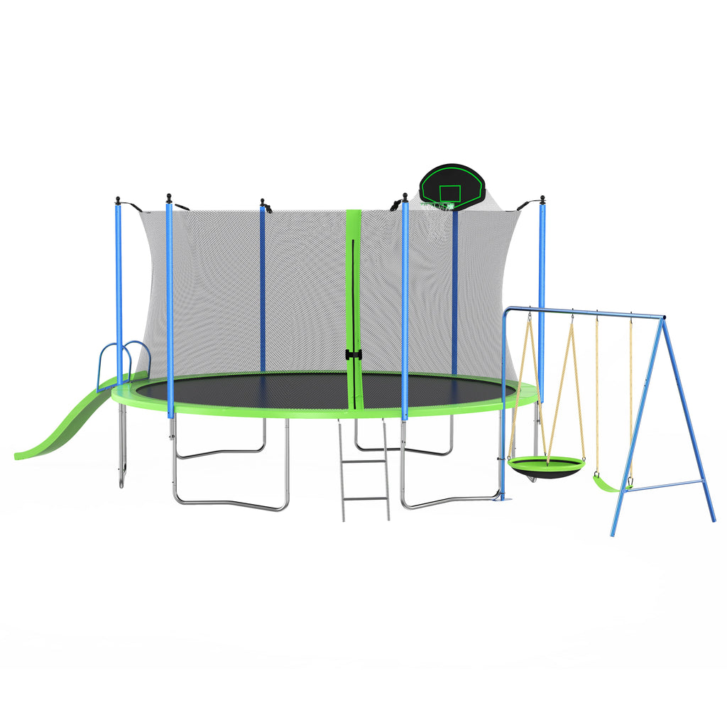 Yeah Depot - 12FT Trampoline with Slide and Swings, ASTM Approved Large Recreational Trampoline with Basketball Hoop and Ladder,Outdoor Backyard Trampoline with Net, Capacity for Kids and Adults