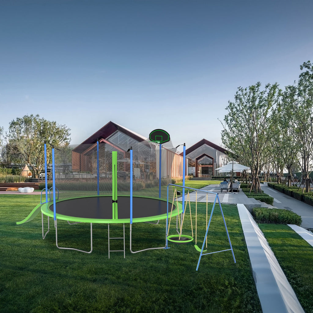 Yeah Depot - 12FT Trampoline with Slide and Swings, ASTM Approved Large Recreational Trampoline with Basketball Hoop and Ladder,Outdoor Backyard Trampoline with Net, Capacity for Kids and Adults