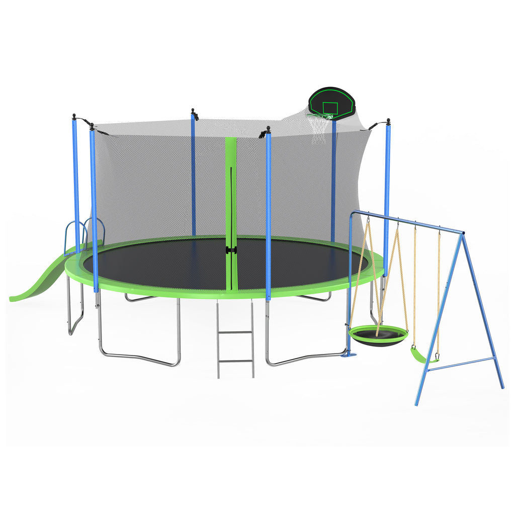 Yeah Depot - 12FT Trampoline with Slide and Swings, ASTM Approved Large Recreational Trampoline with Basketball Hoop and Ladder,Outdoor Backyard Trampoline with Net, Capacity for Kids and Adults